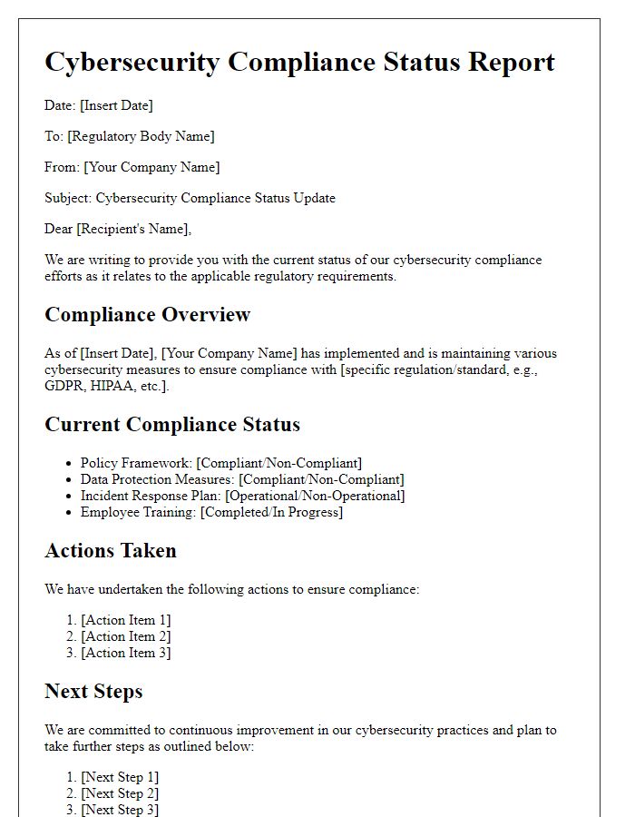 Letter template of cybersecurity compliance status for regulatory bodies