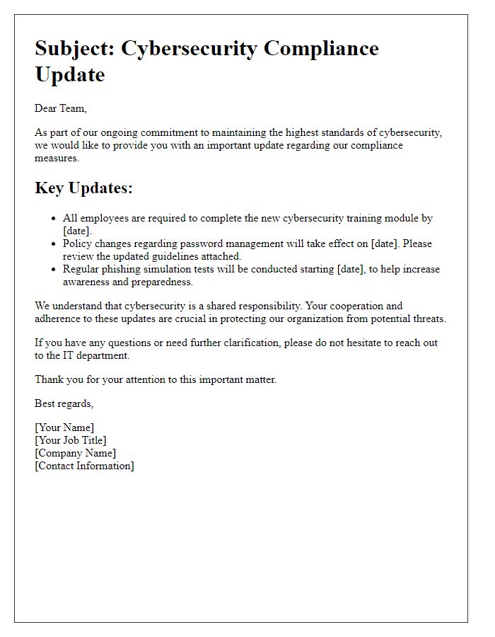 Letter template of cybersecurity compliance update for employees