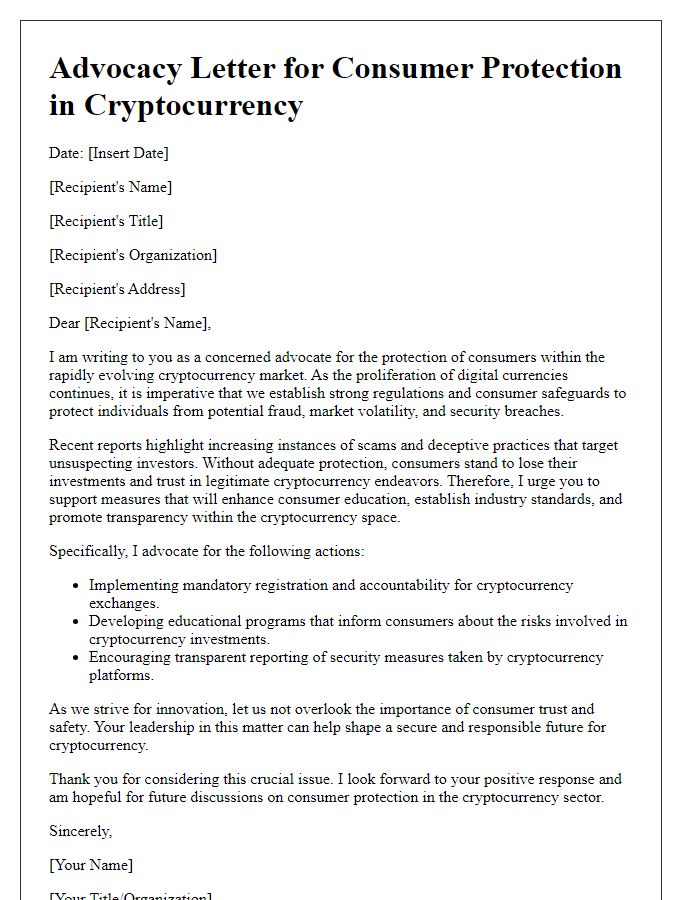 Letter template of advocacy for consumer protection in cryptocurrency