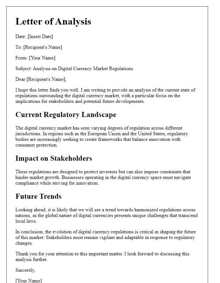 Letter template of analysis on digital currency market regulations