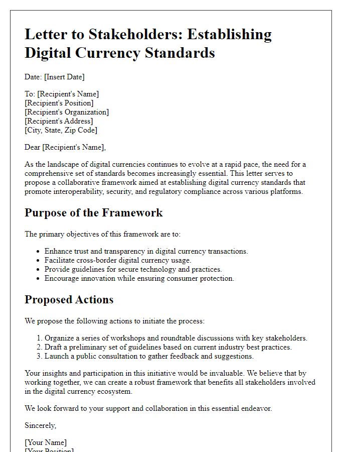 Letter template of frameworks for establishing digital currency standards