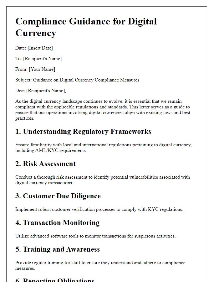 Letter template of guidance for digital currency compliance measures