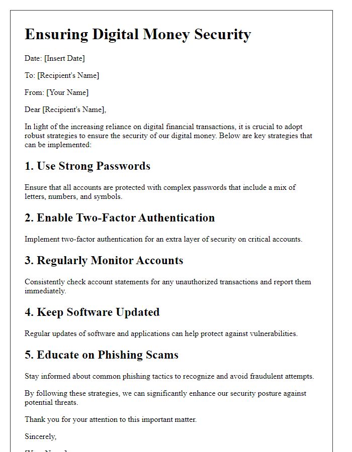 Letter template of strategies for ensuring digital money security