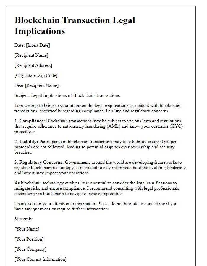 Letter template of blockchain transaction legal implications