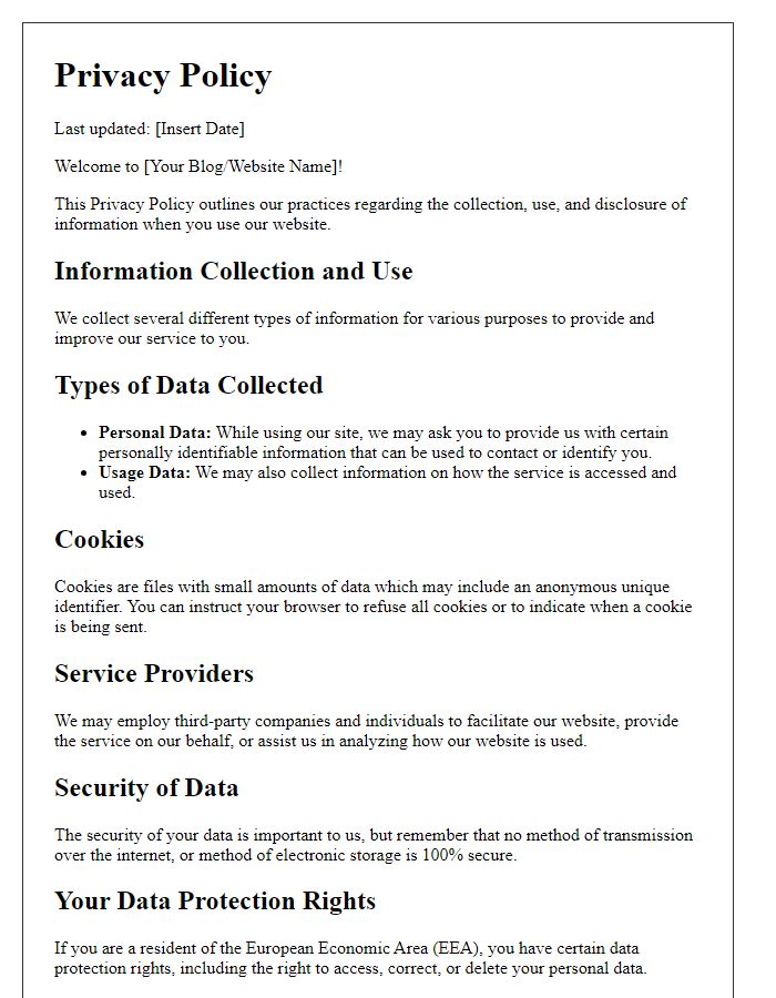 Letter template of online privacy policy for blogs and personal websites.