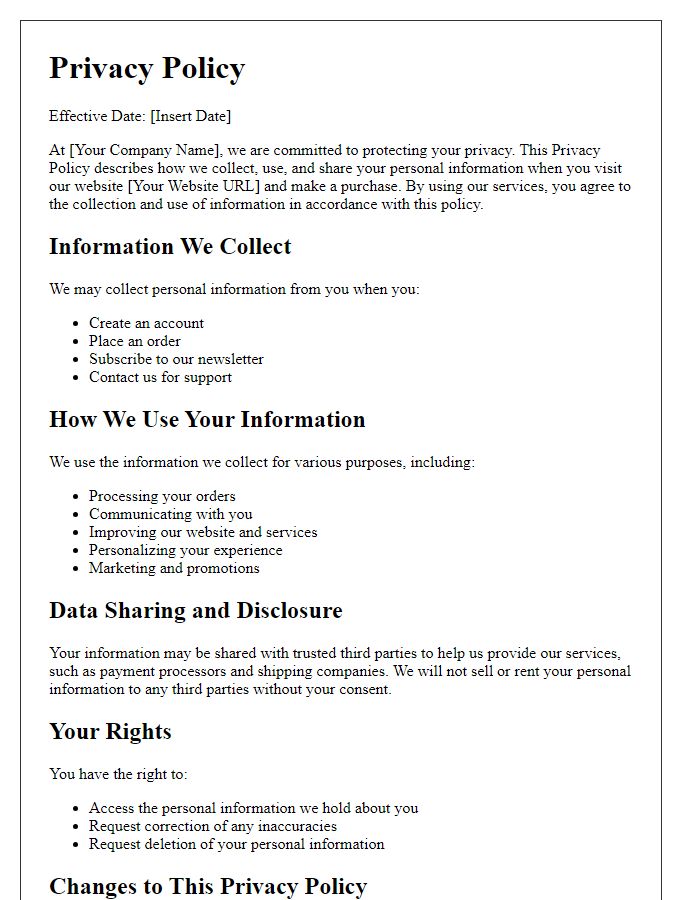 Letter template of online privacy policy for e-commerce websites.