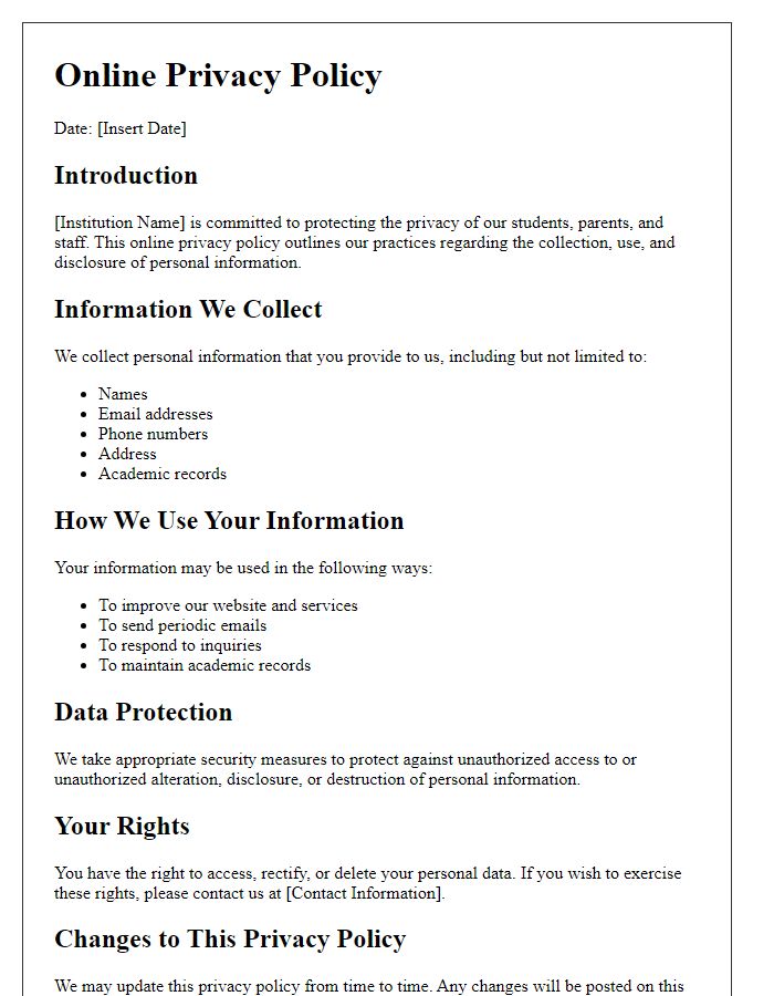 Letter template of online privacy policy for educational institutions.