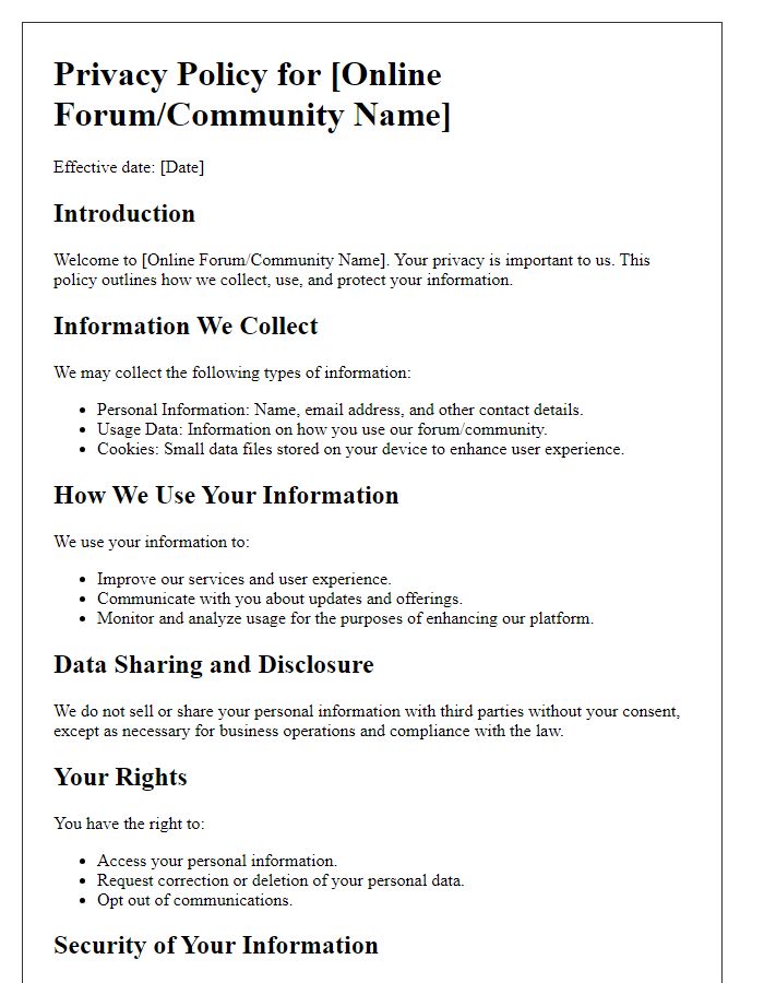 Letter template of online privacy policy for online forums and communities.