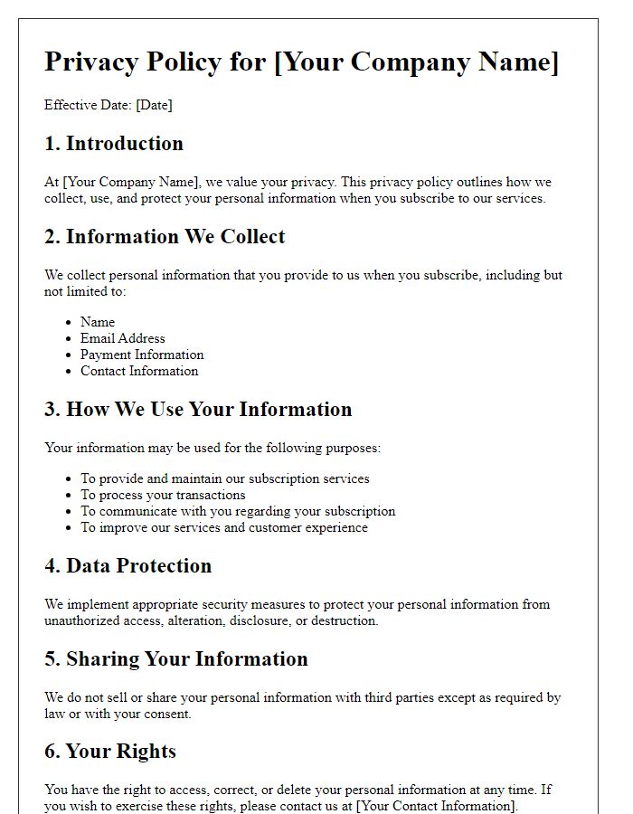 Letter template of online privacy policy for subscription services.