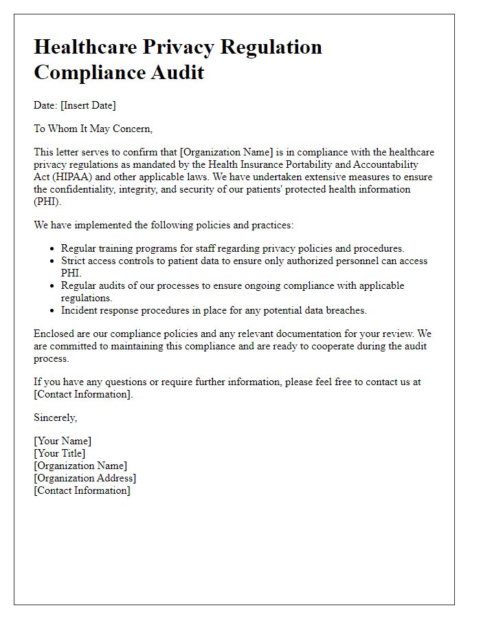 Letter template of healthcare privacy regulation compliance for audit purposes.