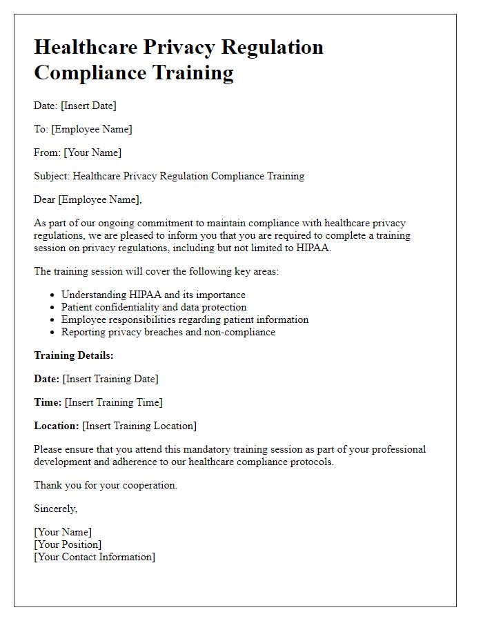 Letter template of healthcare privacy regulation compliance for employee training.