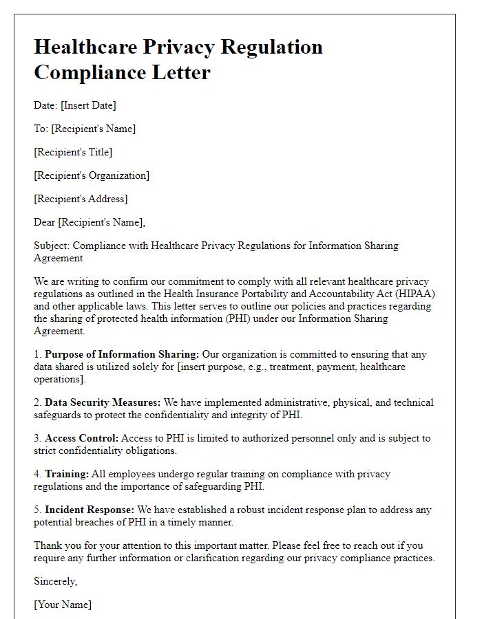 Letter template of healthcare privacy regulation compliance for information sharing agreements.