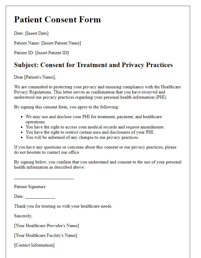 Letter template of healthcare privacy regulation compliance for patient consent forms.