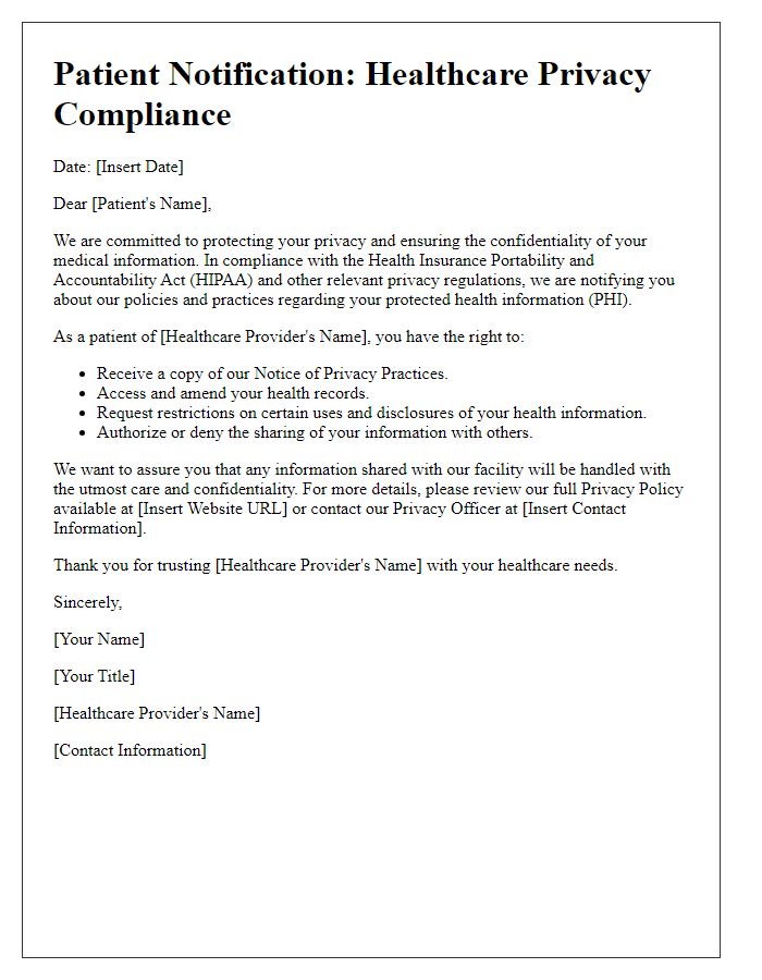 Letter template of healthcare privacy regulation compliance for patient notification.