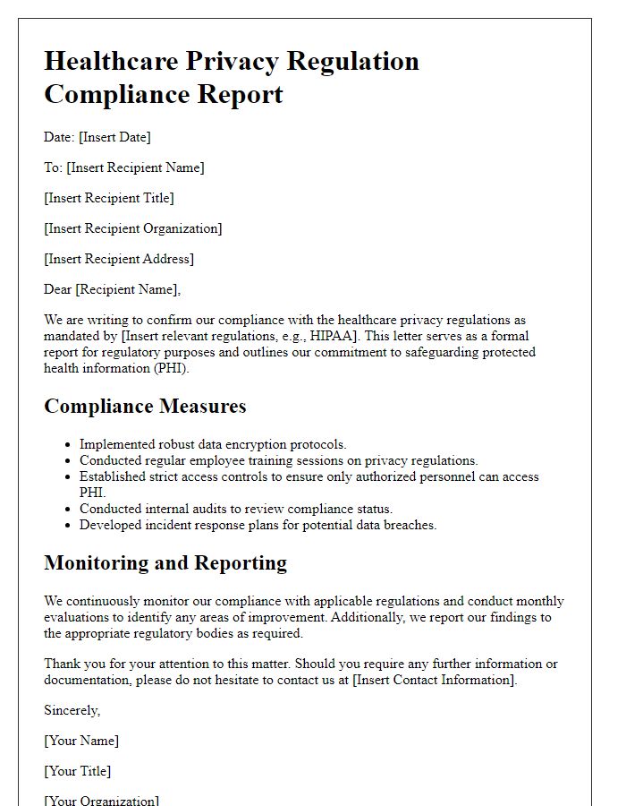 Letter template of healthcare privacy regulation compliance for regulatory reporting.