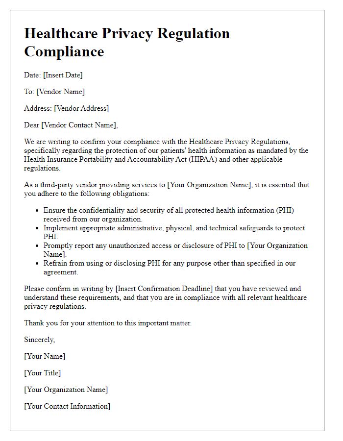 Letter template of healthcare privacy regulation compliance for third-party vendors.