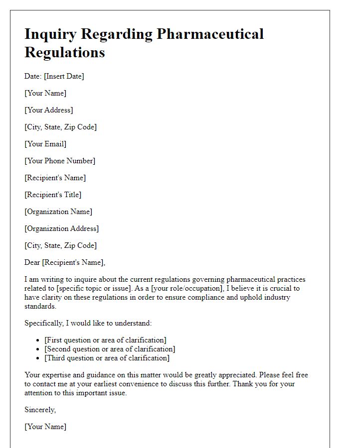 Letter template of pharmaceutical regulation inquiry