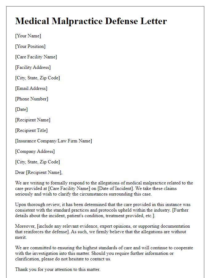 Letter template of medical malpractice defense for a care facility.