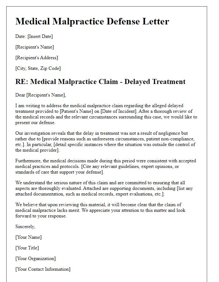 Letter template of medical malpractice defense for a delayed treatment.