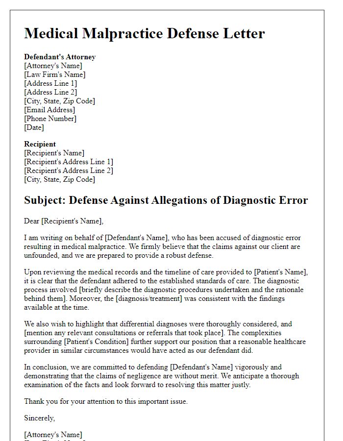 Letter template of medical malpractice defense for a diagnostic error.