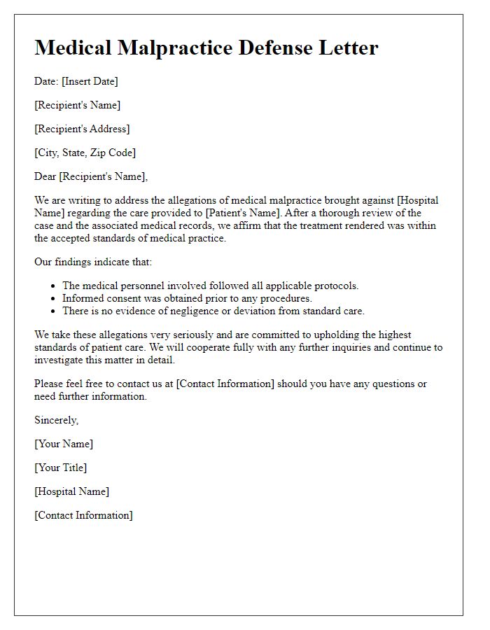 Letter template of medical malpractice defense for a hospital.