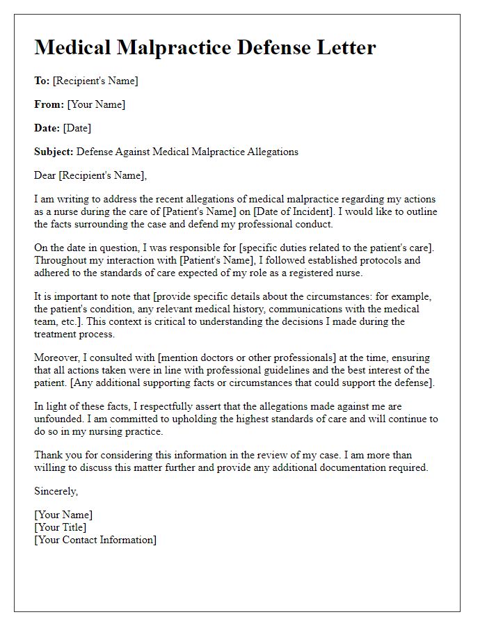 Letter template of medical malpractice defense for a nurse's action.