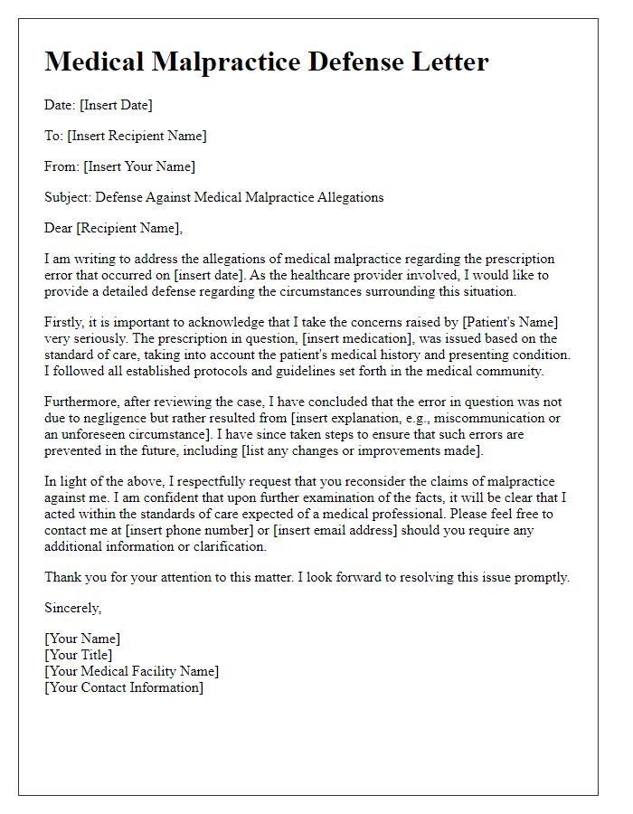 Letter template of medical malpractice defense for a prescription mistake.