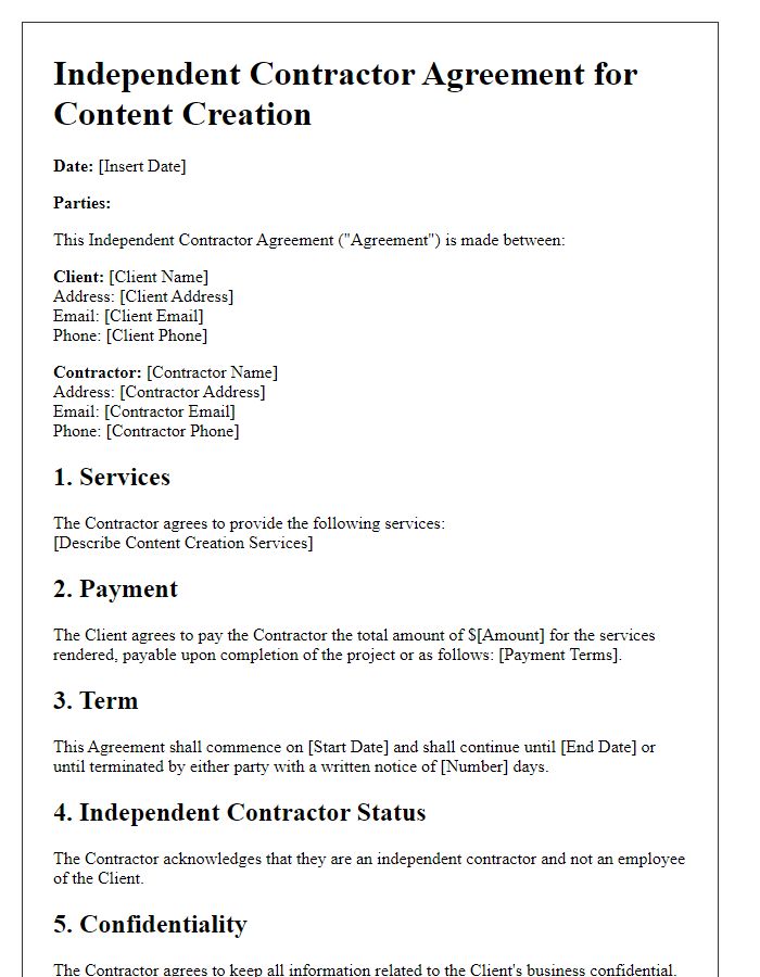 Letter template of independent contractor agreement for content creation