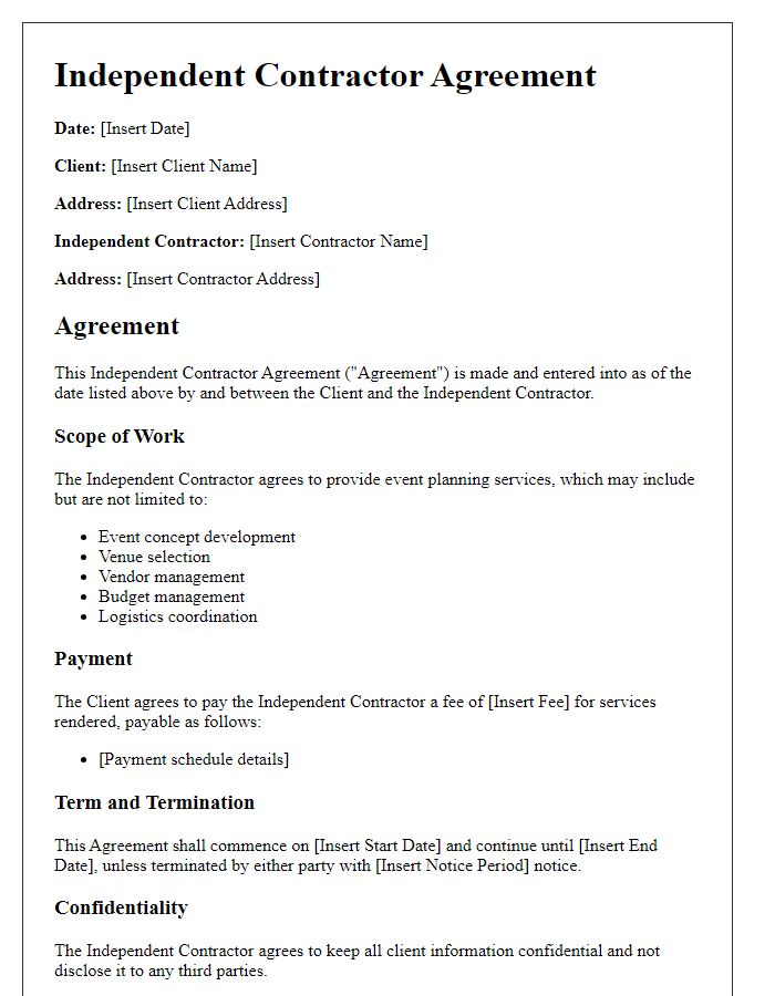 Letter template of independent contractor agreement for event planning