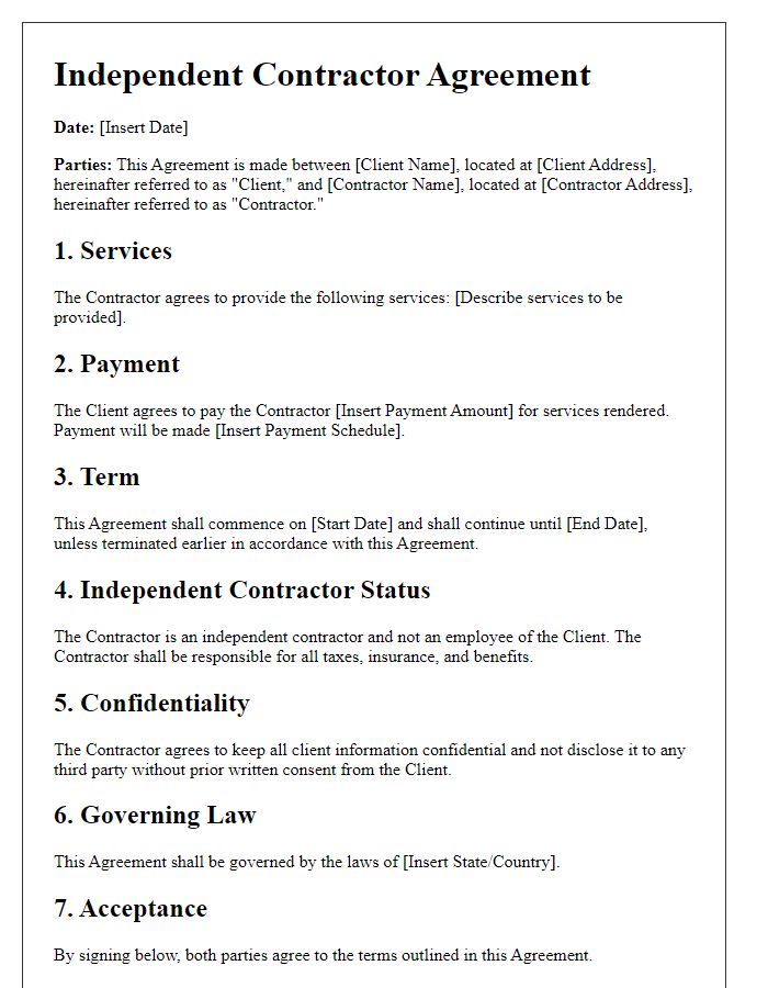 Letter template of independent contractor agreement for freelance services