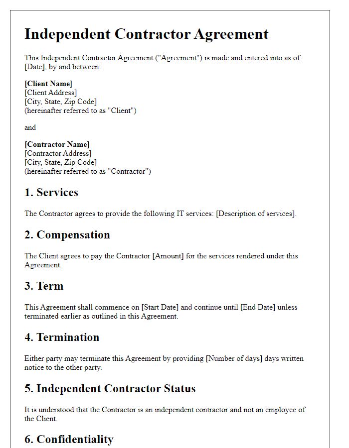 Letter template of independent contractor agreement for IT services