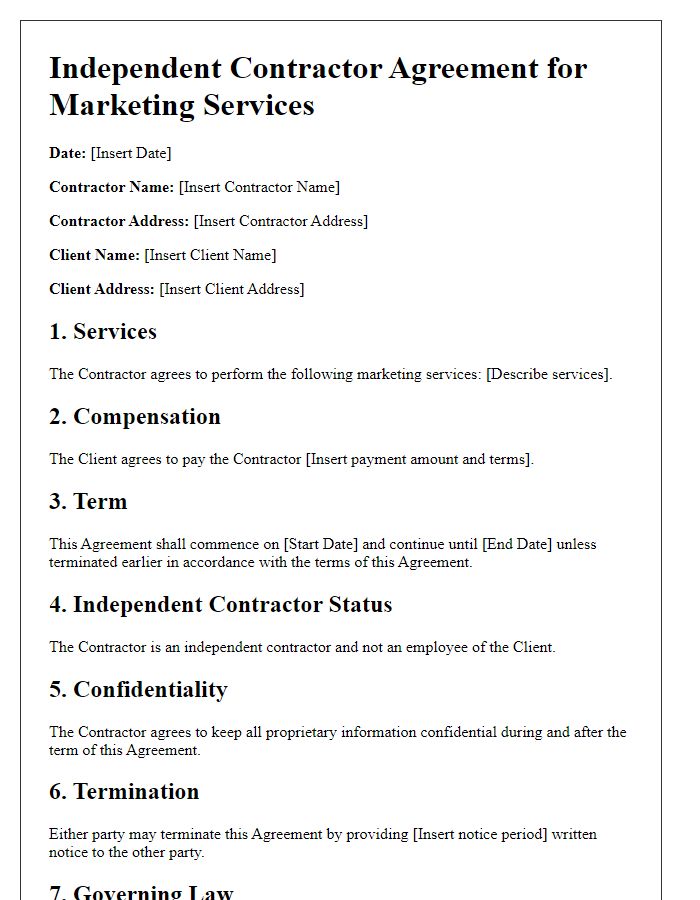 Letter template of independent contractor agreement for marketing services