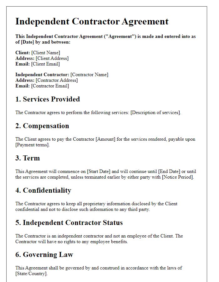 Letter template of independent contractor agreement for project-based work