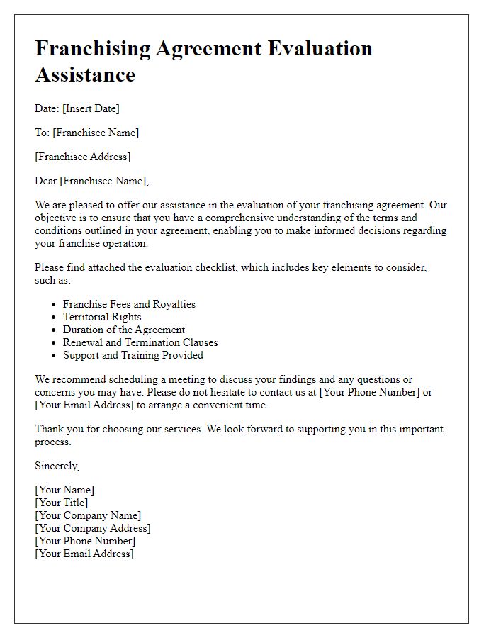 Letter template of franchising agreement evaluation assistance