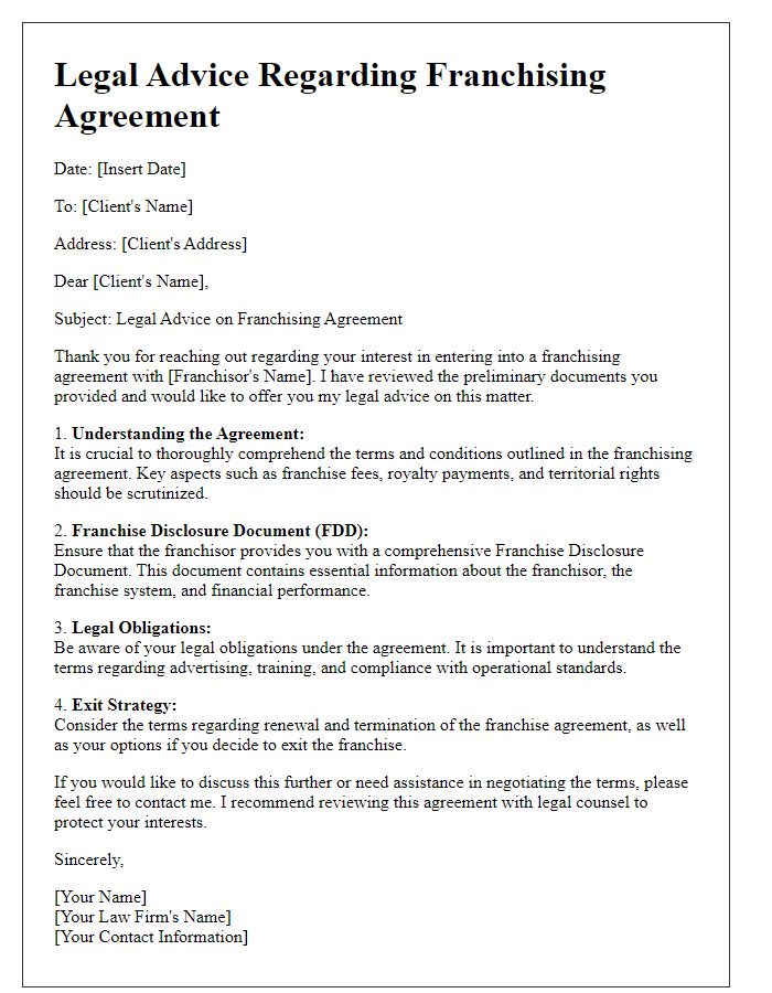 Letter template of legal advice for franchising agreements