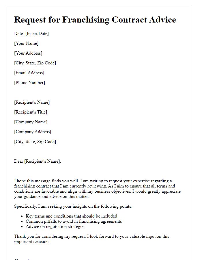 Letter template of request for franchising contract advice