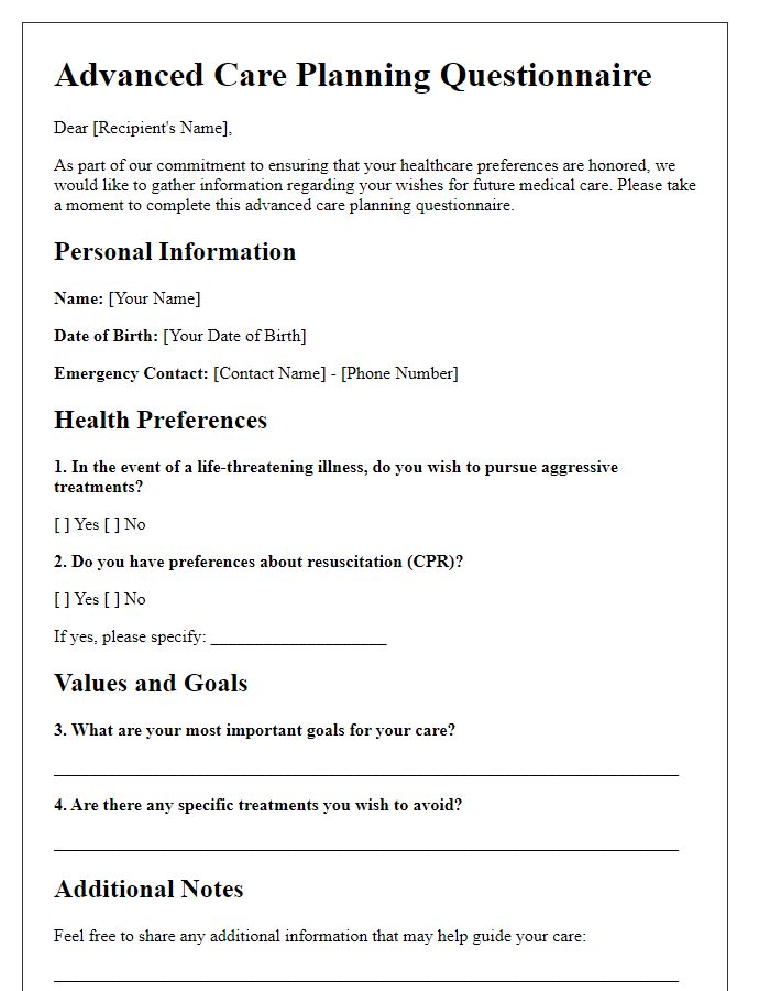 Letter template of advanced care planning questionnaire