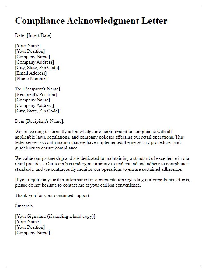 Letter template of compliance acknowledgment for retail operations