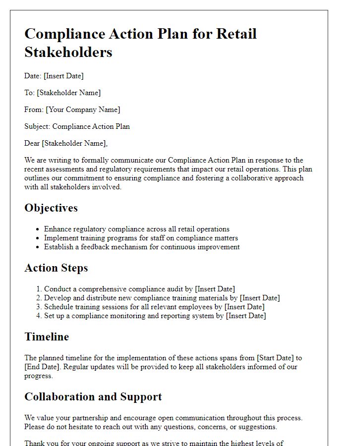 Letter template of compliance action plan for retail stakeholders