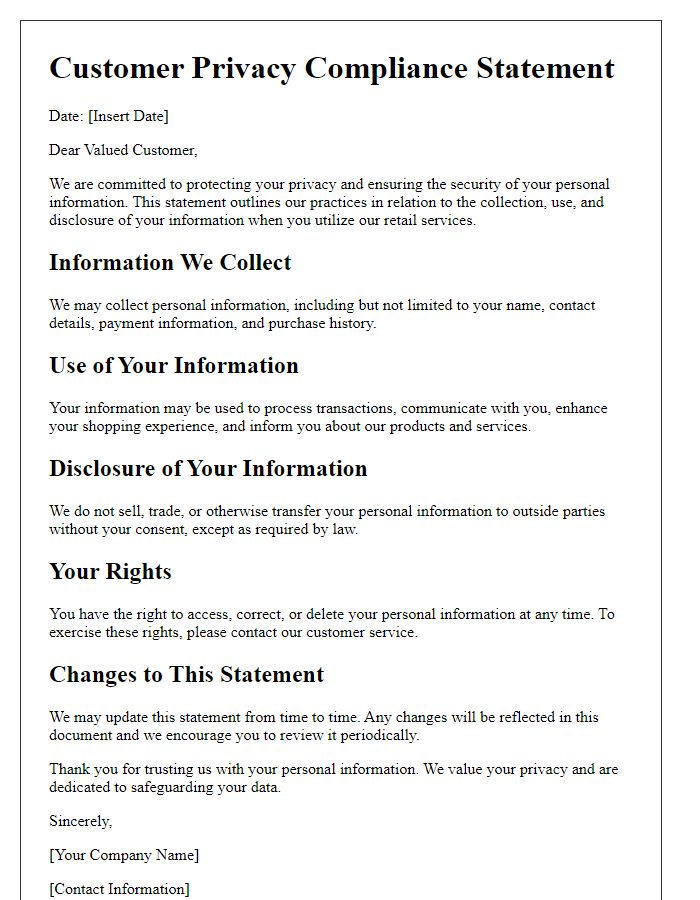 Letter template of customer privacy compliance statement for retail services