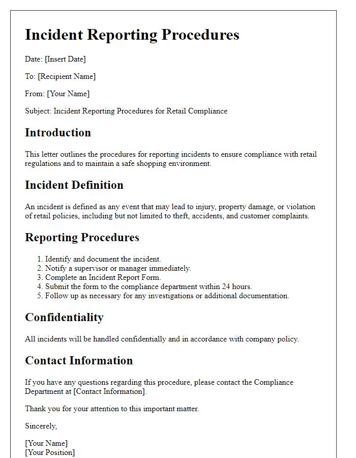 Letter template of incident reporting procedures for retail compliance