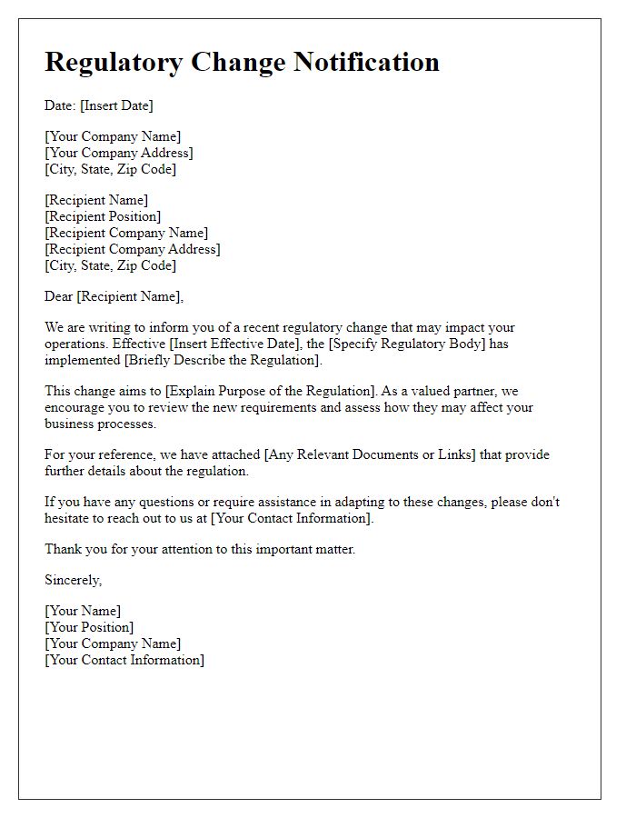 Letter template of regulatory change notification for retail businesses