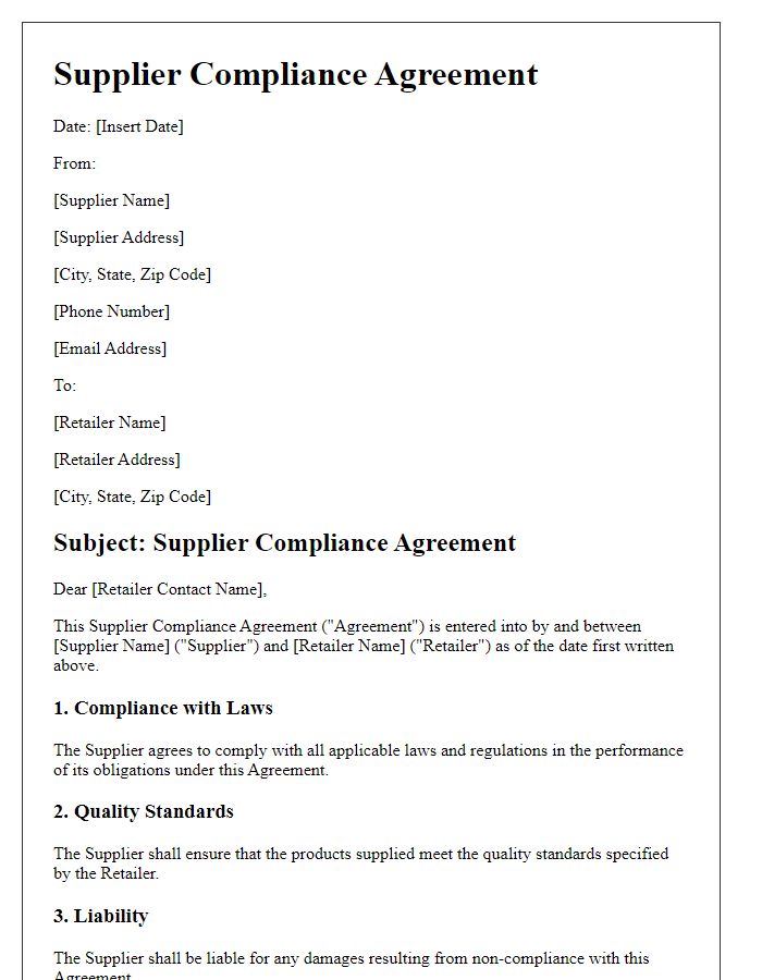 Letter template of supplier compliance agreement for retail supply chain