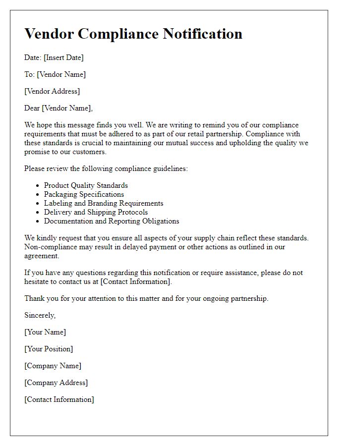 Letter template of vendor compliance notification for retail partnerships
