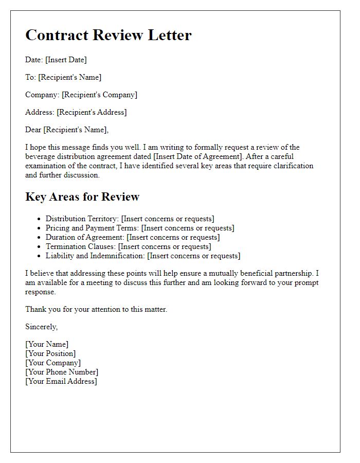 Letter template of contract review for beverage distribution agreements