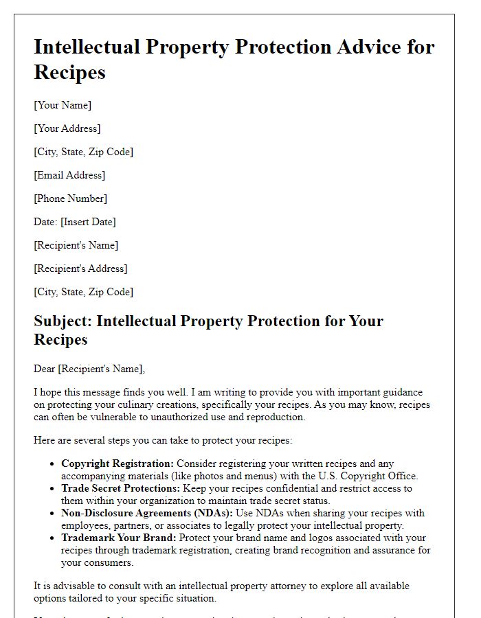 Letter template of intellectual property protection advice for recipes