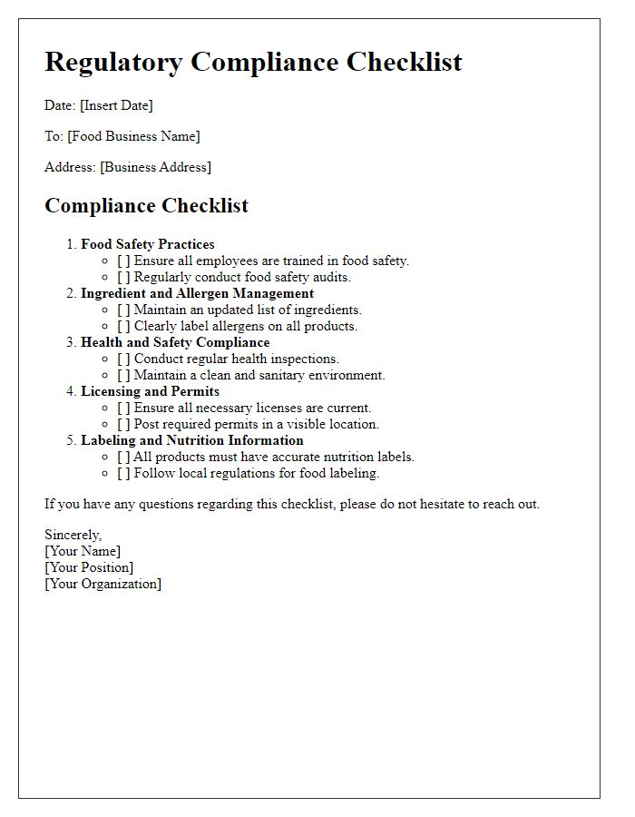 Letter template of regulatory compliance checklist for food businesses