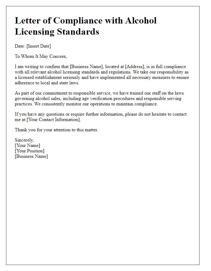 Letter template of compliance with alcohol licensing standards