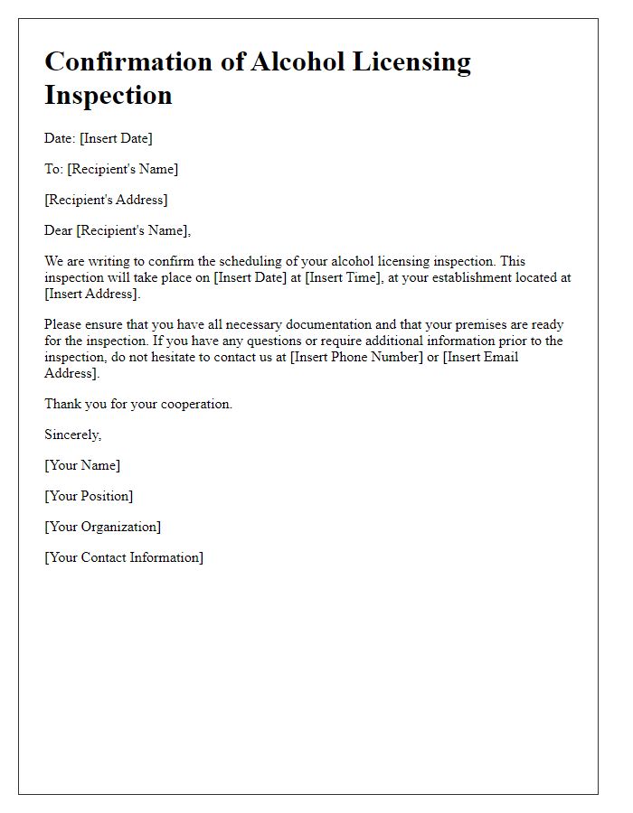 Letter template of confirmation for alcohol licensing inspection