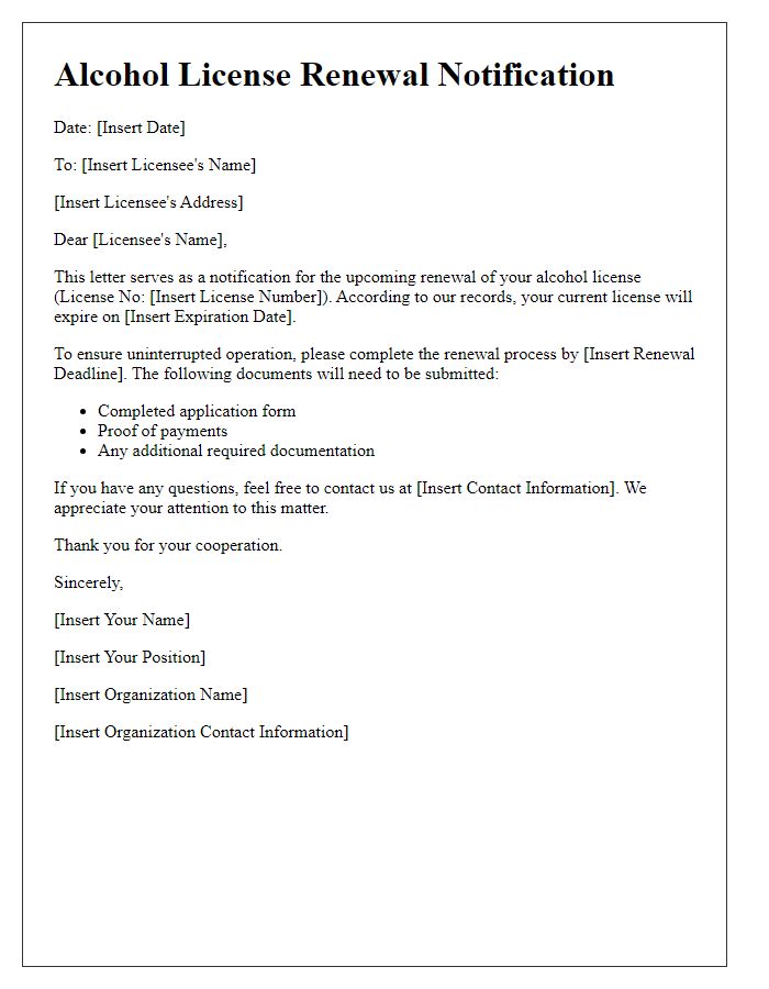 Letter template of notification for alcohol license renewal